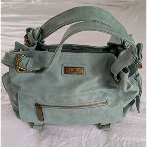 Mint Vegan Suede Satchel Purse Shoulder Bag Spacious Gold Tone Hardware EUC